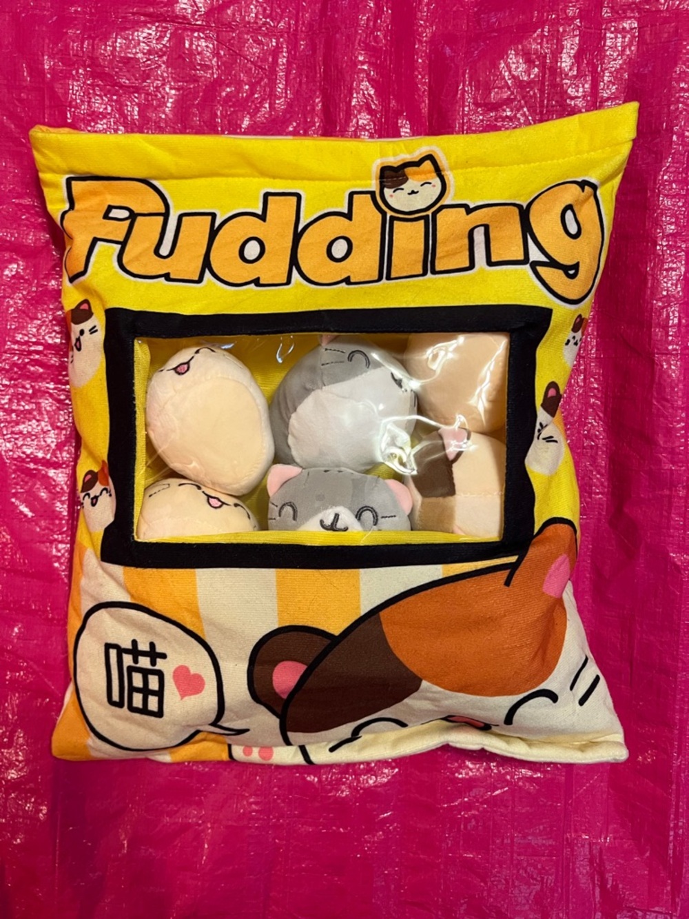 Pudding Cat Plush Bundle + Storage Pillow – Kawaii Squishy Plush Set Cute